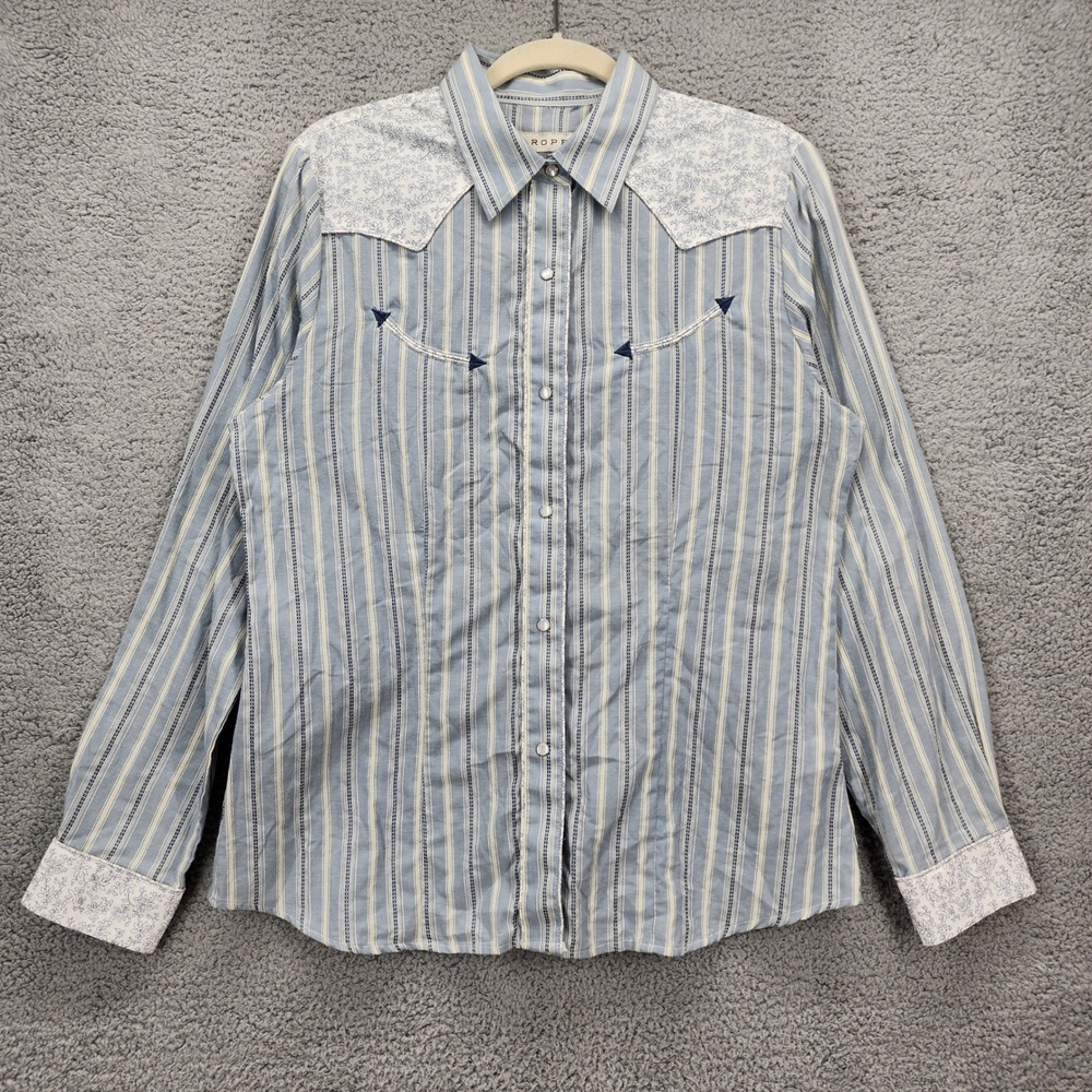 Roper Womens Blue Striped Floral‎ Yoke Western Pearl Snap Shirt Large